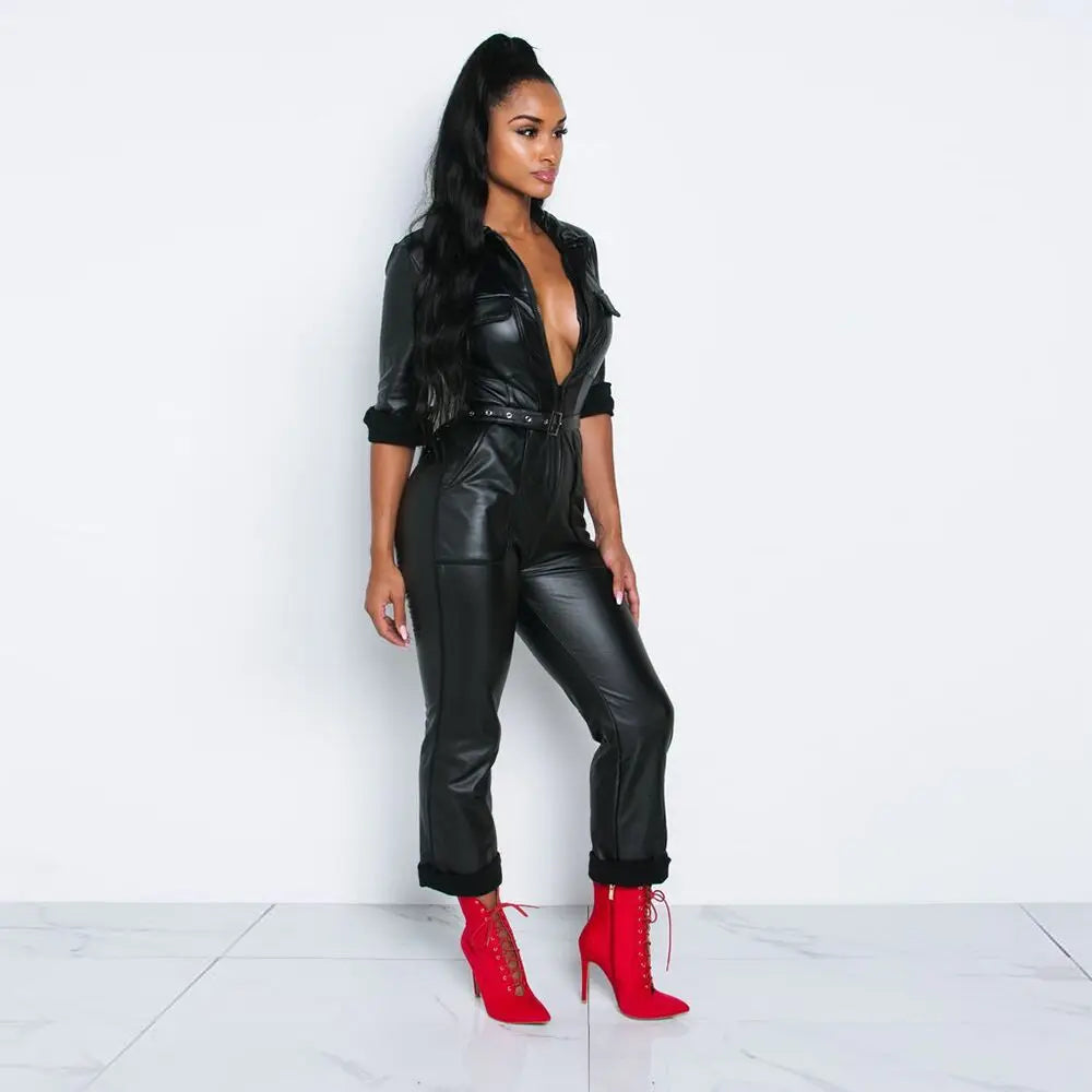 PU Leather Pocket V-neck Jumpsuit