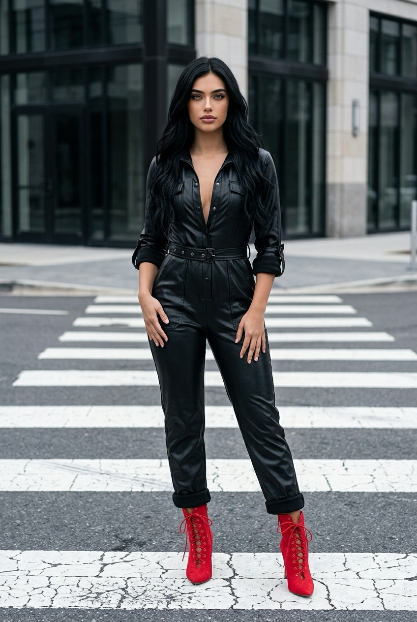 PU Leather Pocket V-neck Jumpsuit