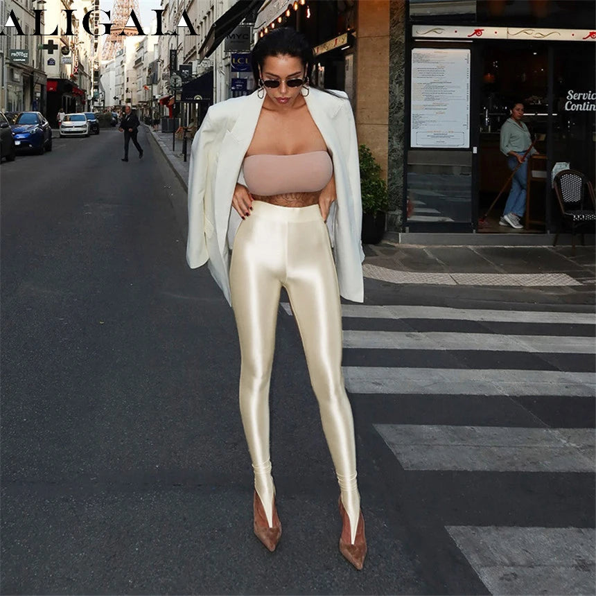 Fashion Women's Shiny Compression Leggings Mid Waist Skinny Tight Yoga Workout Stirrup Pants Sport Bottoms Glossy Lingerie 2026