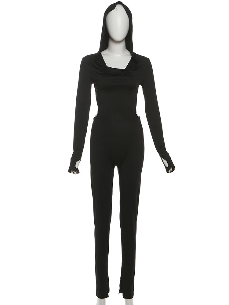 Black Jumpsuit with thong straps and hood