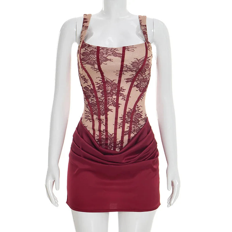Townlike Lace Patchwork Pleated Dress Women Spaghetti Strap Mini 2026 Spring Summer Dress Evening Nightclub Sexy Party Dresses