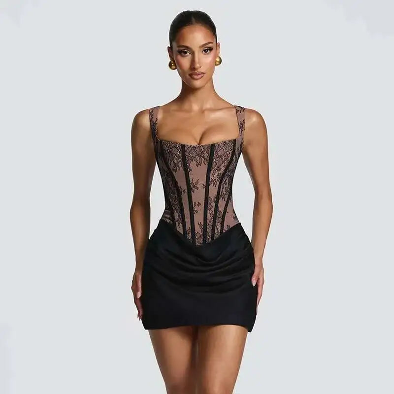 Townlike Lace Patchwork Pleated Dress Women Spaghetti Strap Mini 2026 Spring Summer Dress Evening Nightclub Sexy Party Dresses
